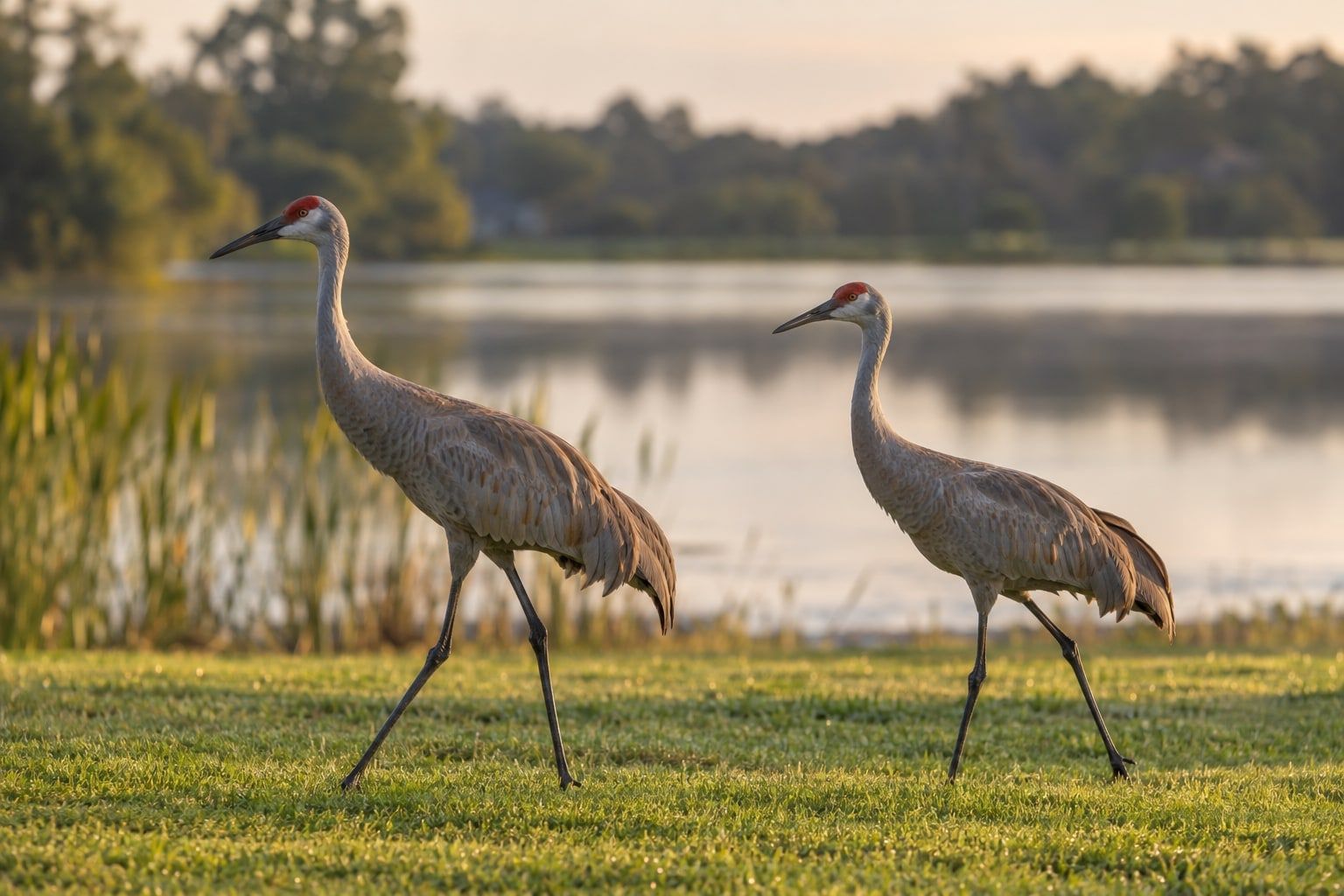 Two sandhill cranes walking across a mowed lawn beside a calm lake in soft morning light