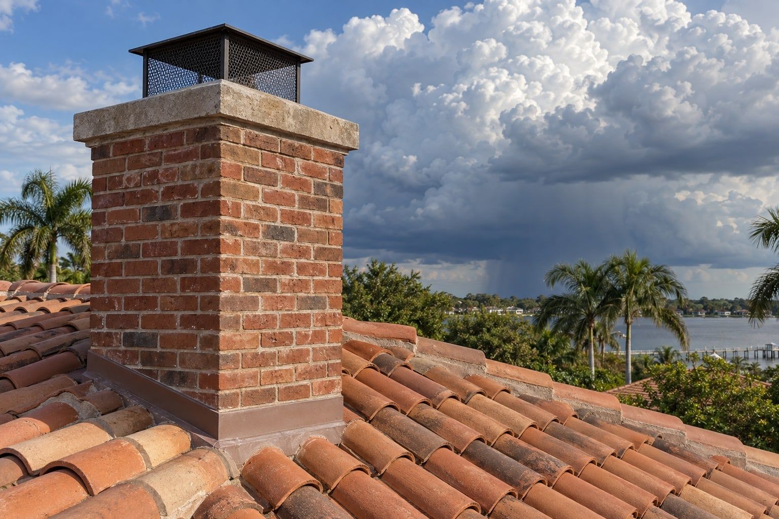 A tall red brick chimney with a flat stone cap and a mesh spark arrestor rising from a terracotta tile roof, storm clouds building behind it