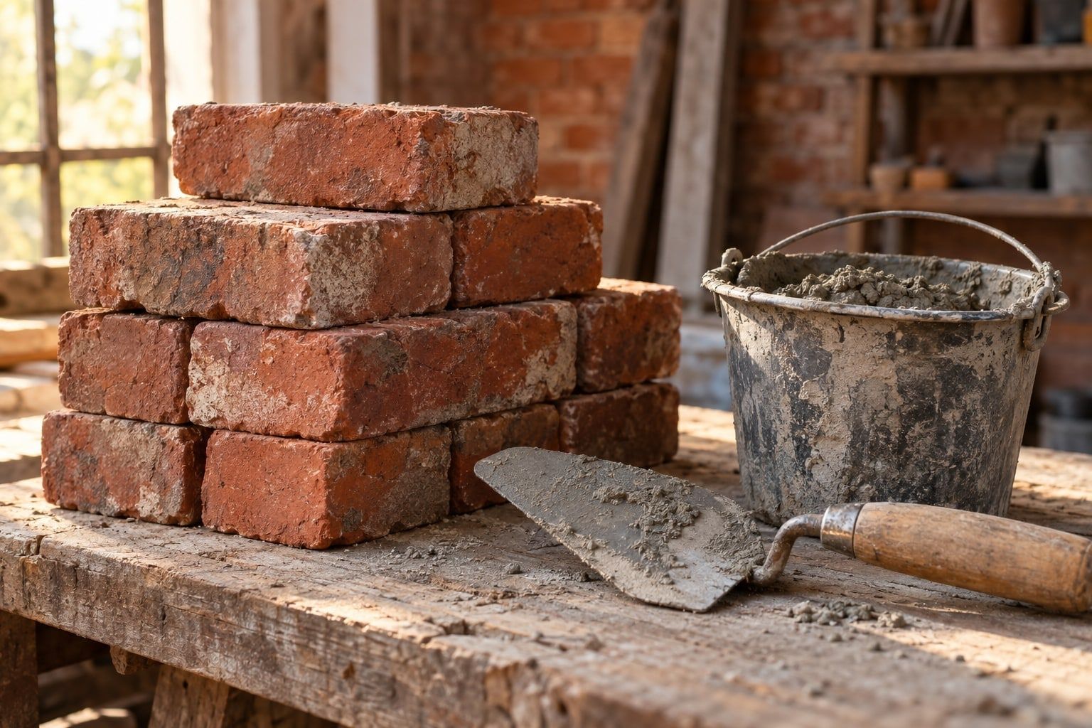 A neat stack of reclaimed red bricks beside a pointing trowel and a bucket of mortar on a wooden workbench, warm light from a window