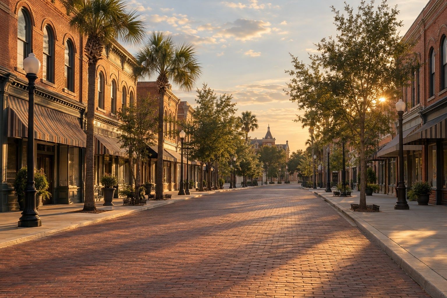 A wide brick-paved street lined with two-story red brick buildings, awnings and lamp posts, palms and young oaks in late afternoon light
