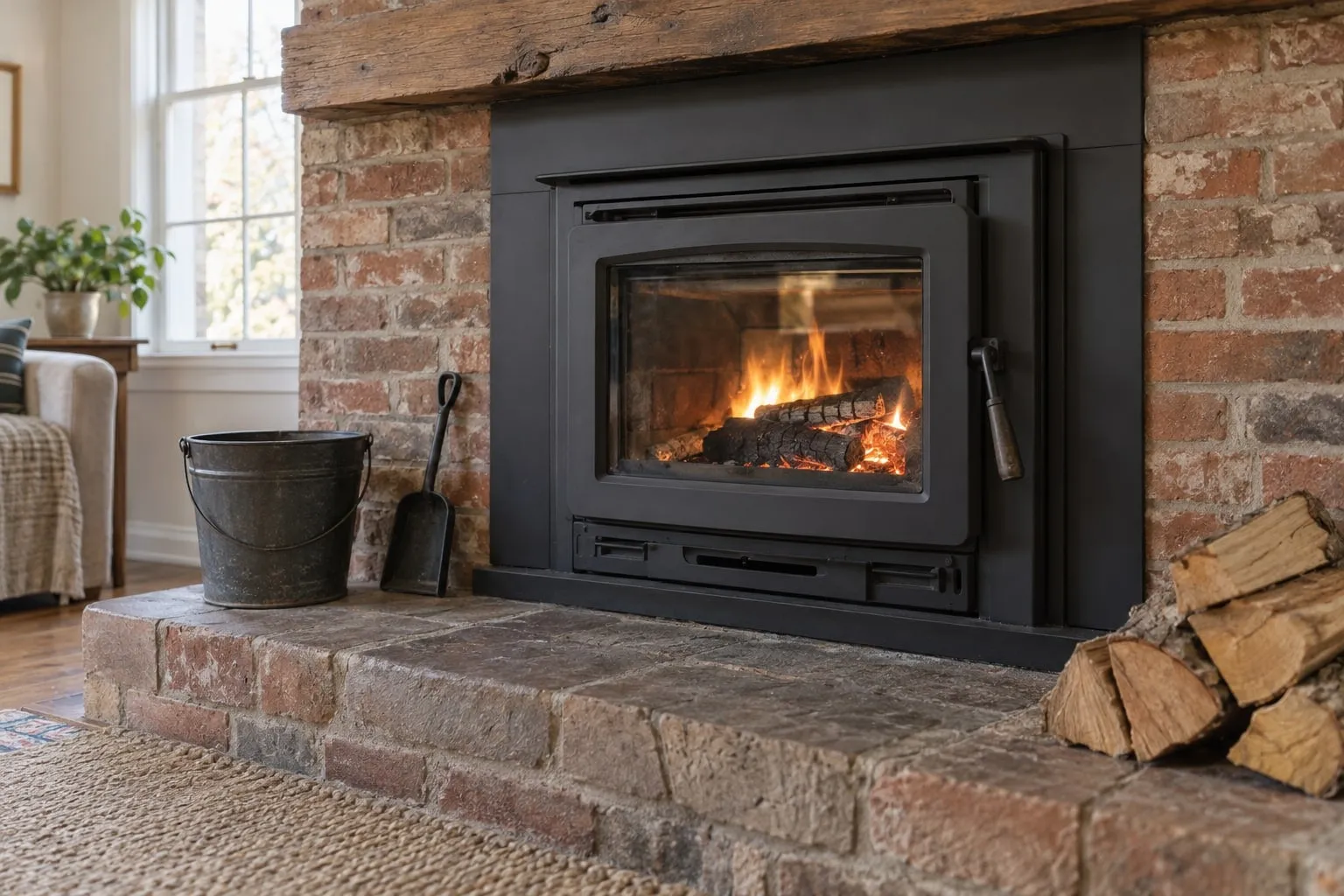 A black wood-burning insert in a brick fireplace opening, an ash bucket and shovel on the hearth and split logs beside it